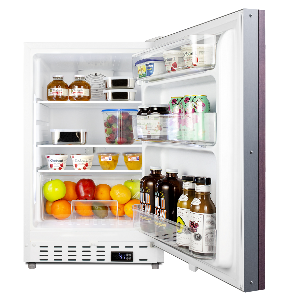 Built-in undercounter ADA compliant residential all-refrigerator in white with a panel ready door, door storage and automatic defrost operation